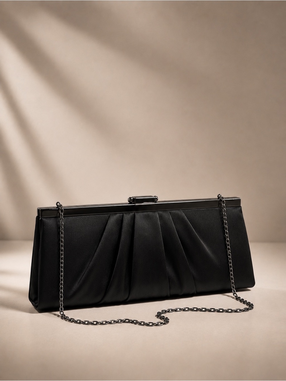 Jessica McClintock Black Satin Pleated Clutch Evening Bag